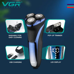 VgazElectric Rasoir Professionnel Étanche Barbe Tondeuse 3D Flottant Rasage Rechargeable Électrique pour Hommes V-306