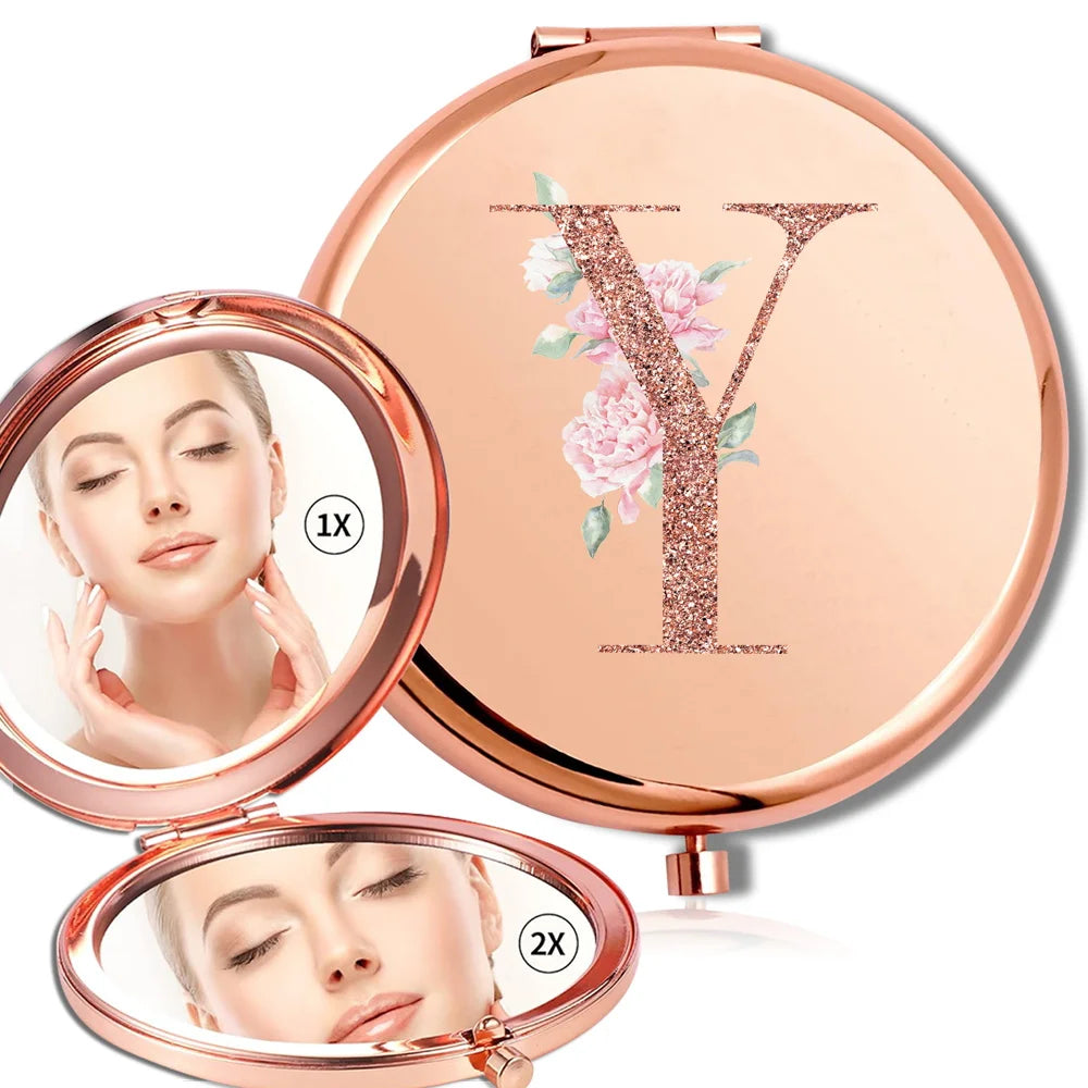 Miroir rond de maquillage grossissant Double face en métal, cosmétique, aspect Portable, verre, Compact, motif de lettres en or Rose