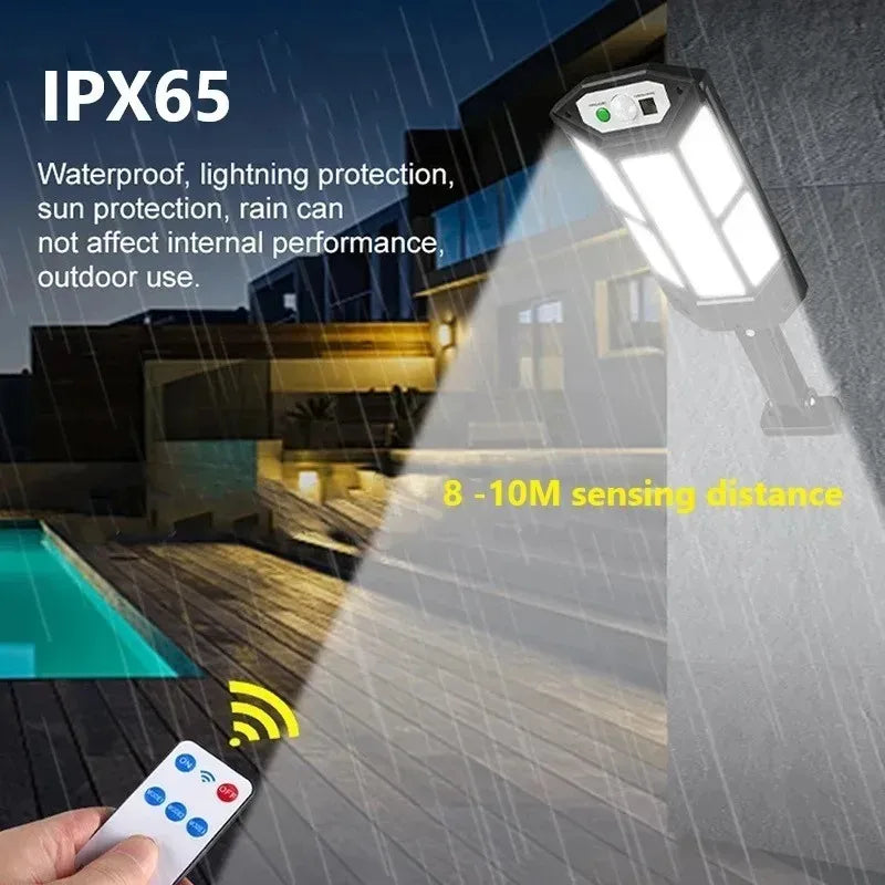 The latest solar LED light, 9900LM, outdoor solar motion sensor lamp, 4 modes, IP65 waterproof, solar garden light, street/courtyard lantern