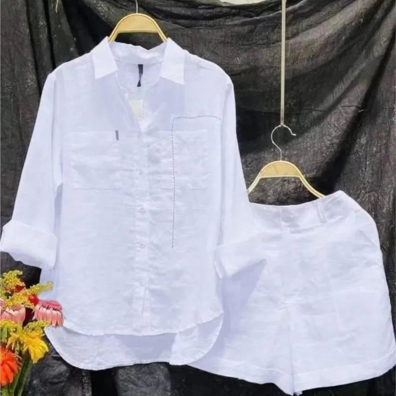 Ensemble d'été 2 pièces en coton et lin pour femmes, chemise et short blancs à manches longues, à la mode, pour la maison, survêtement, 2024