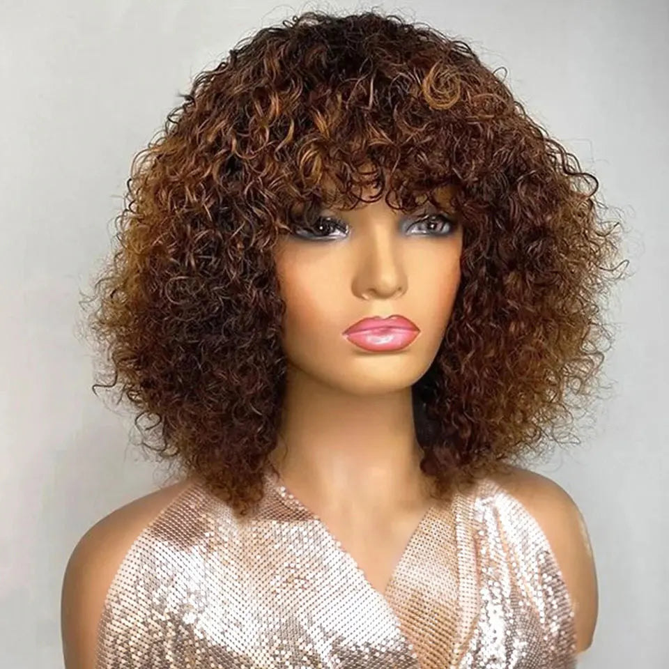 Perruques de cheveux humains Pixie Cut Bob avec frange pour femme, perruque pleine machine bouclée, surbrillance, couleur blond miel, court, caution