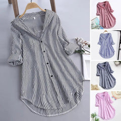Chemisier Tunique Femme Rayé à Manches Longues Col V Mi-long Col Rabattu Coupe Ample Décontracté Élégant Été Tailles M-4XL