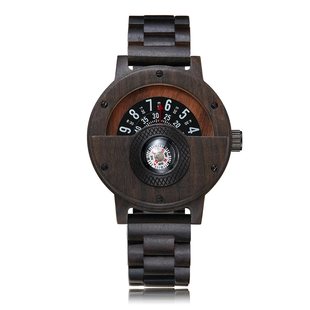 Montre en bois naturel pour hommes, Table rotative, cadran boussole, véritable bois de noyer, ébène, bambou, Concept marron, montre à Quartz