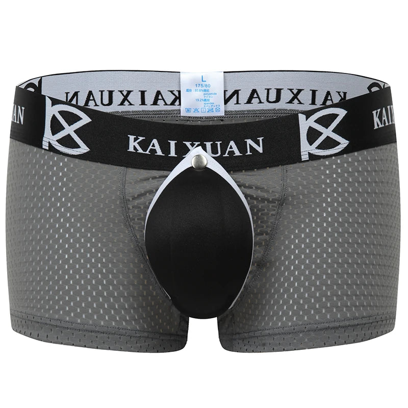 Men's underwear boxer shorts with removable front, jockstraps, and padded briefs.