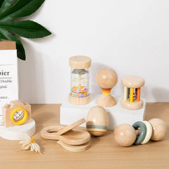 Ensemble de jouets en bois pour nourrissons et tout-petits, jouets d'écoute et de préhension, hochets, barils de pluie, hochets, cadeaux de vacances pour bébé, 7 pièces