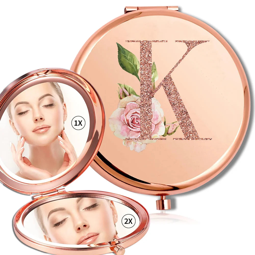 Miroir rond de maquillage grossissant Double face en métal, cosmétique, aspect Portable, verre, Compact, motif de lettres en or Rose
