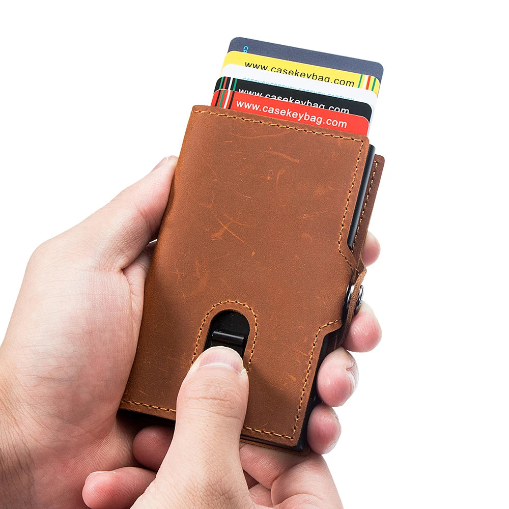 CASEKEY hommes portefeuilles véritable cuir de vache Pop Up affaires porte-carte de crédit RFID blocage mince intelligent portefeuille en Fiber de carbone avec poche