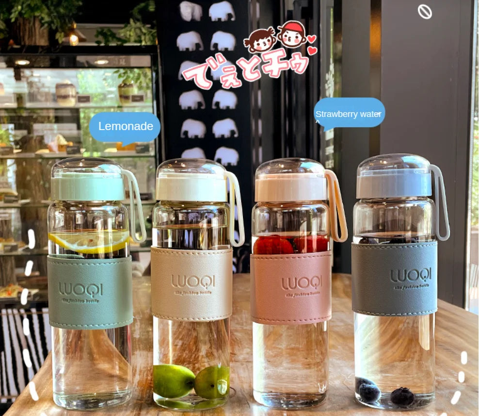 Bouteille en verre Portable de 340ML et 480ML, mignonne, résistante à la chaleur, pour boire de l'eau froide, du jus de thé, avec couvercle à vis, filet filtrant facile à transporter