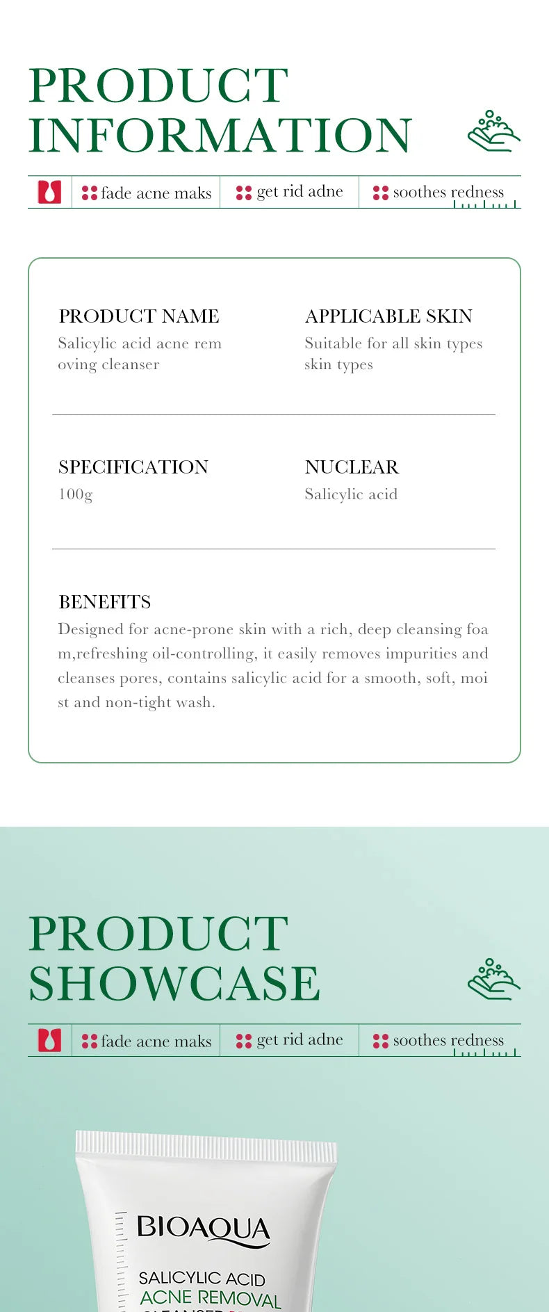 BIOAQUA acide salicylique nettoyant pour le visage traitement de l'acné hydratant contrôle de l'huile soin de la peau mousse de lavage du visage nettoyant pour le visage soins de la peau