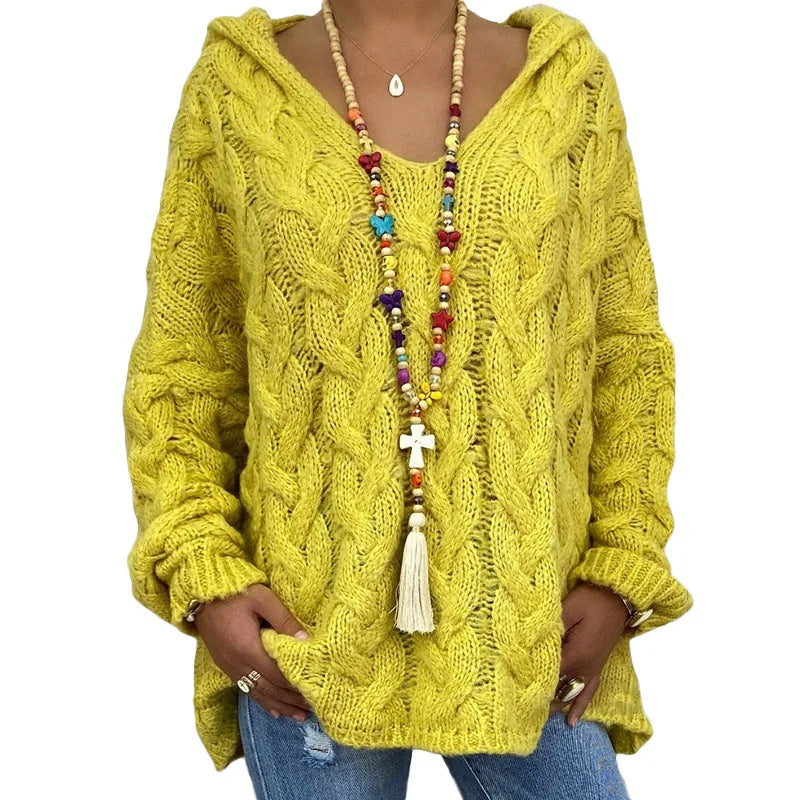 20 Colors Women's Loose Twist Knot Knitted Sweaters Autumn Winter Women's Hooded Knit Pullover Coats XXBLH-1058