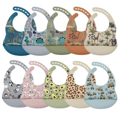Nouveauté bavoirs en silicone pour bébé impression en silicone bavoir pour nouveau-né alimentation rot tissu avocat zoo tracteur impression vaisselle