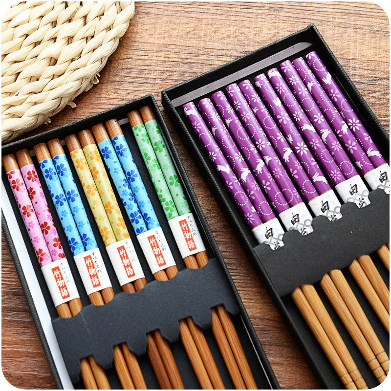 Ensemble de baguettes en bambou antidérapantes, 5 paires, vaisselle japonaise en bois naturel, nourriture pour Sushi, ensemble de baguettes longues multicolores pour la maison