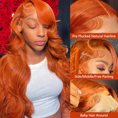Perruque Lace Front Wig Remy naturelle Body Wave, cheveux humains, Orange gingembre, 36 pouces, 13x6, HD, densité 180%, pre-plucked