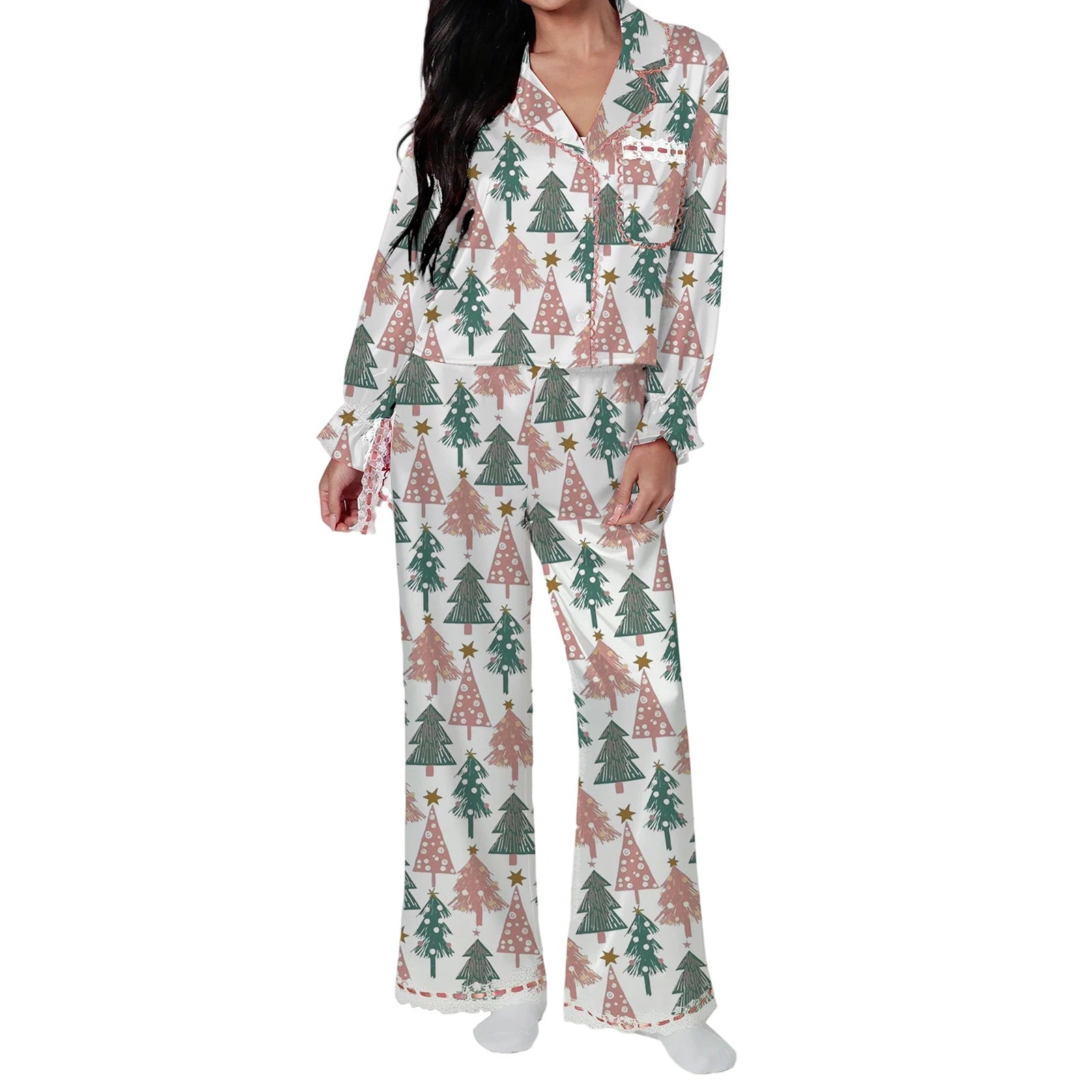 Ensemble pyjama de noël 2 pièces pour femmes, imprimé père noël/arc, dentelle en Satin, à nouer, manches longues, chemises à boutons, pantalons, vêtements de nuit
