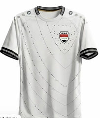 Maillot de football extérieur style Irak 2026, blanc avec bordures noires et motif à pois, haut de sport léger et respirant pour homme