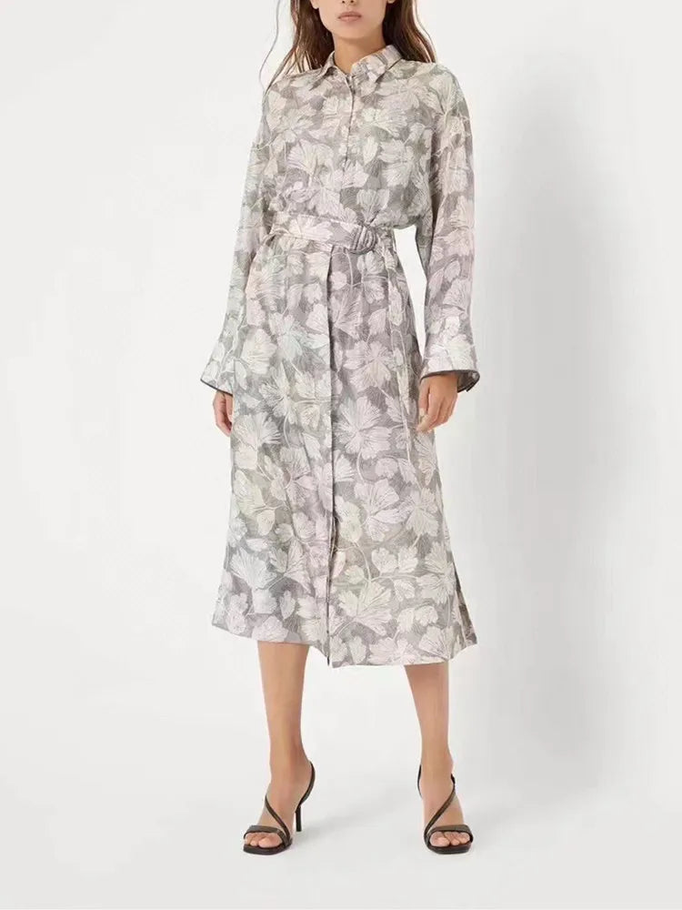 Women's Ginkgo print midi dress, beaded detailing, turn-down collar, belts, long sleeves, breathable, lightweight, ladies', 100%