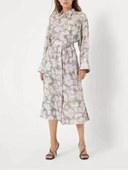 Women's Ginkgo print midi dress, beaded detailing, turn-down collar, belts, long sleeves, breathable, lightweight, ladies', 100%