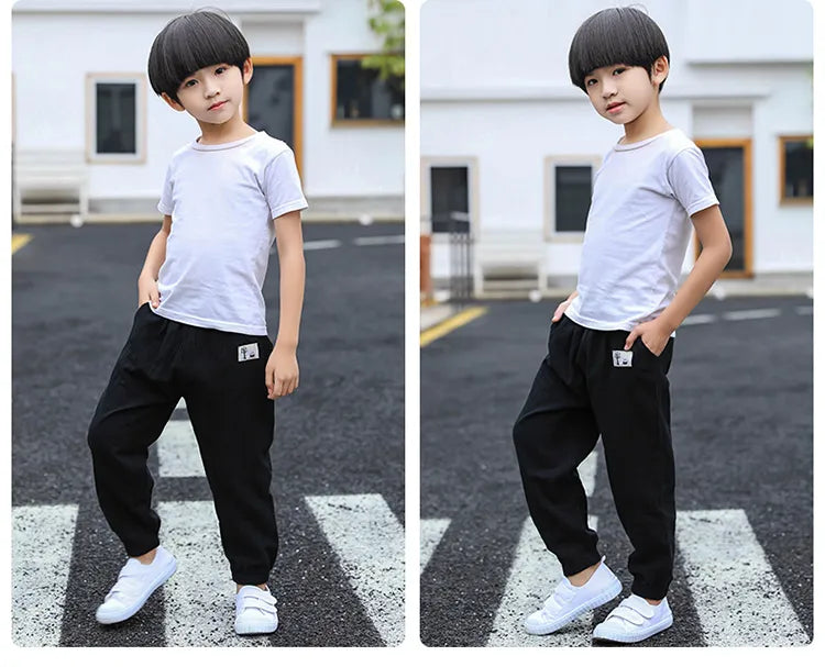 Pantalons pour enfants pour garçons et filles, en coton et lin, taille élastique, couleur unie, pantalons moustiques d'été, vêtements pour enfants, pantalons longs 100-160cm