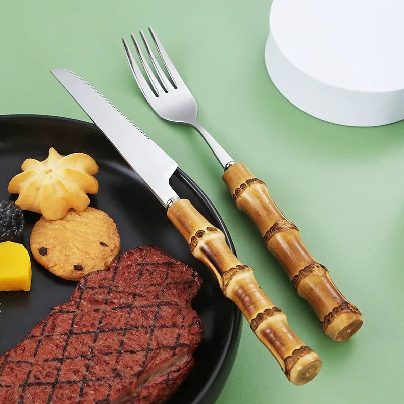 Ensemble de Vaisselle en Bambou et Acier Inoxydable avec Poignée Naturelle, Couverts Rétro, Steak, Opaque, Fourchette, Cuillère, Cadeau de Dessert, 20/30 Pièces