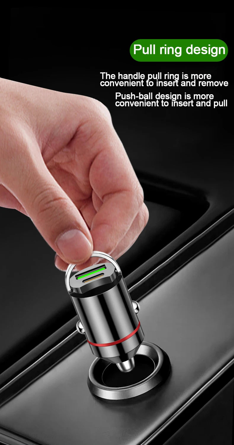 Smart car charger with mini rib ring, USB + PD port, GNE charger, PD30W