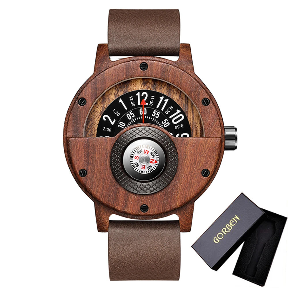 Montre en bois naturel pour hommes, Table rotative, cadran boussole, véritable bois de noyer, ébène, bambou, Concept marron, montre à Quartz
