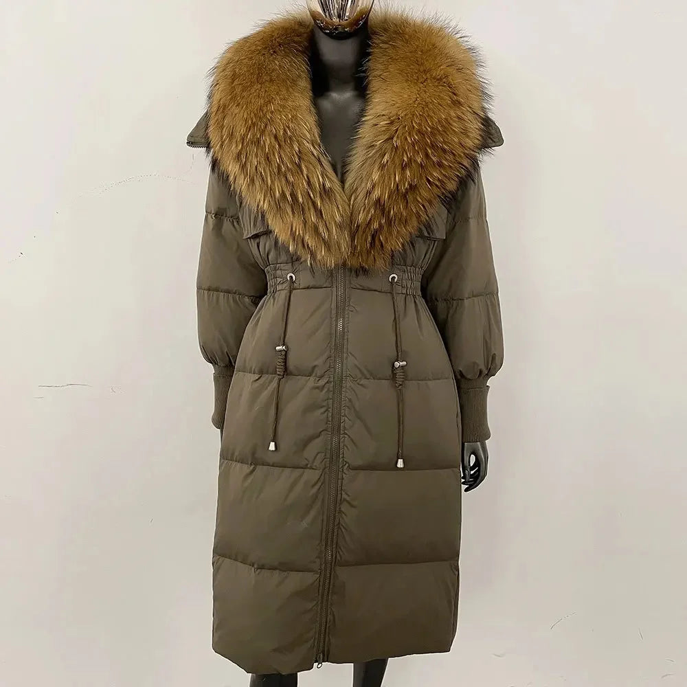 Doudoune longue avec col en fourrure pour femme, pardessus en fourrure de renard, longueur aux genoux, à la mode, chaude, cintrée à la taille, vêtements d'extérieur amincissants