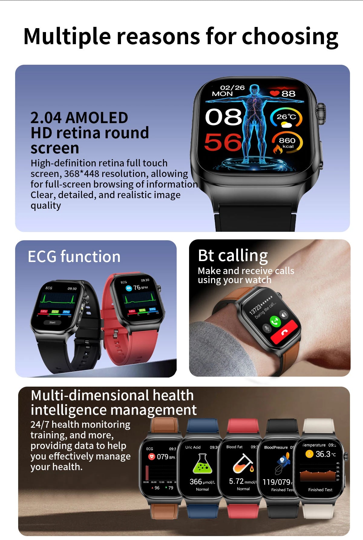 2025 nouvelle montre intelligente 2.04 pouces écran acide urique lipides sanguins composition corporelle cinq détecteurs 650mAh sport HD appel montre intelligente