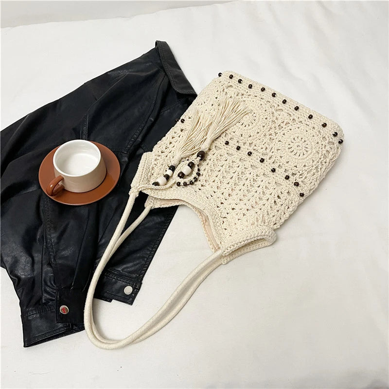 Sac à main tissé de grande capacité, sac à bandoulière ajouré, fourre-tout en Crochet, fourre-tout bohème tissé pour femmes, sacs de Shopping tricotés