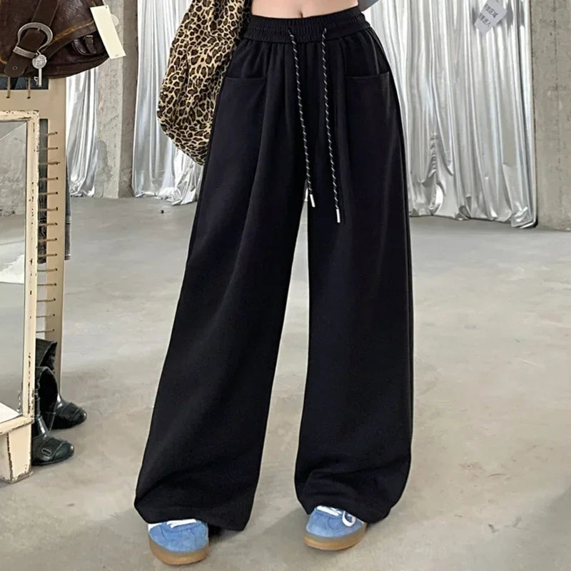 Women's High-Waisted Wide-Leg Pants, Chic, Grey, Navy Blue, Korean Style, Versatile, Drawstring, Wide Legs, Baggy, Autumn
