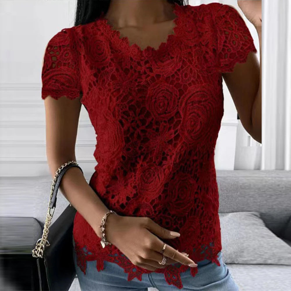 Femmes dentelle col rond hauts T-Shirts dames été décontracté à manches courtes Blouse pull mode vêtements pour