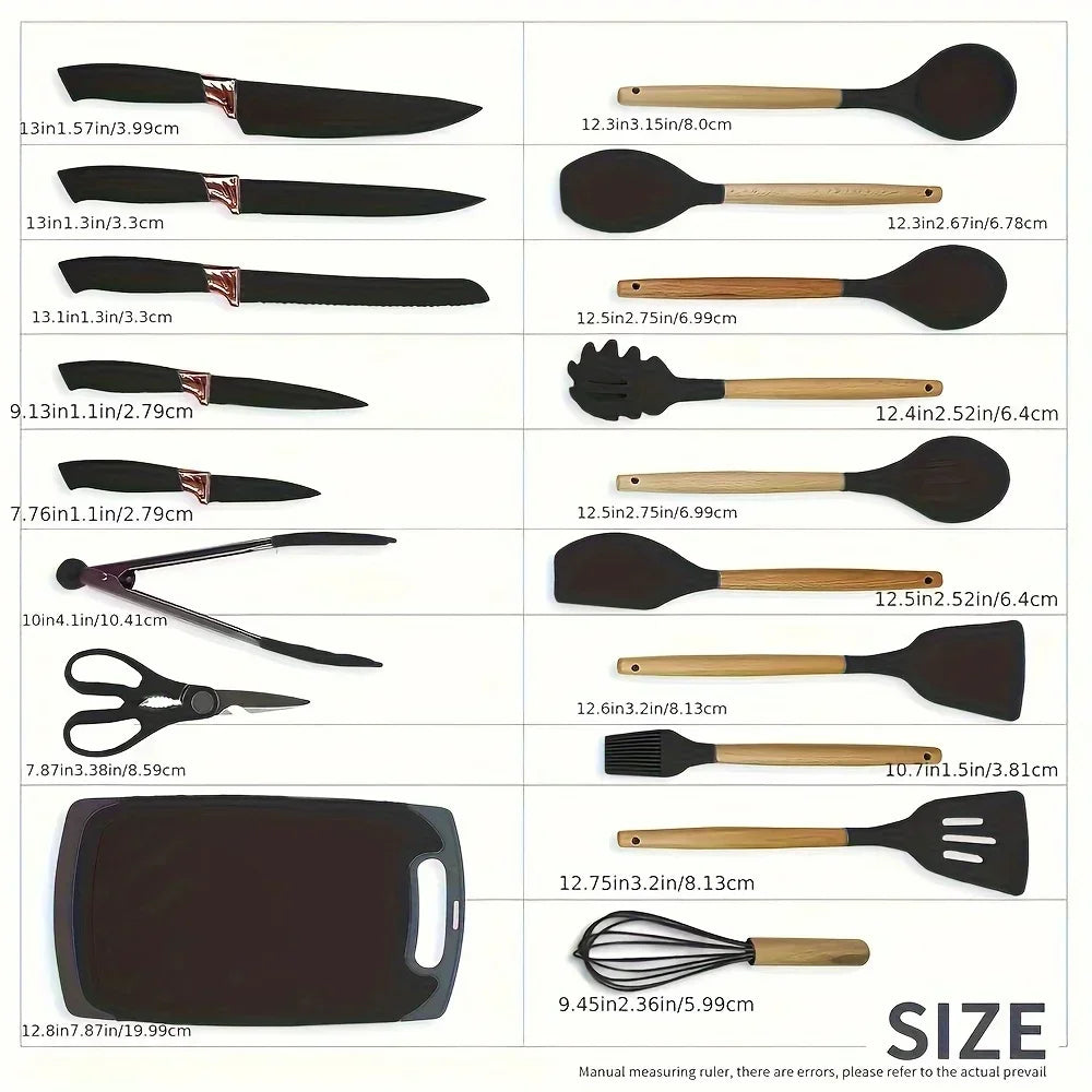 Ensemble d'ustensiles de cuisine antiadhésifs en Silicone, 19 pièces, avec couteaux, outils résistants à la chaleur dans un rangement en bambou, parfait pour la cuisine