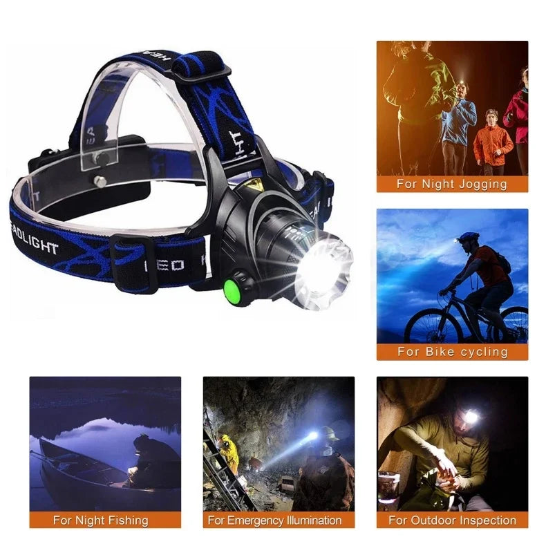 Lampe frontale LED puissante, Rechargeable par USB, télescopique, Zoomable, pour l'extérieur, étanche, lampe frontale de travail, haute luminosité