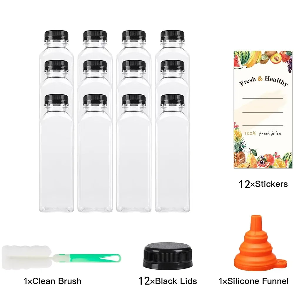 Bouteilles de jus de 500ML avec bouchons, bouteilles vides transparentes réutilisables avec entonnoir à brosse et étiquettes pour smoothies et autres boissons YY177