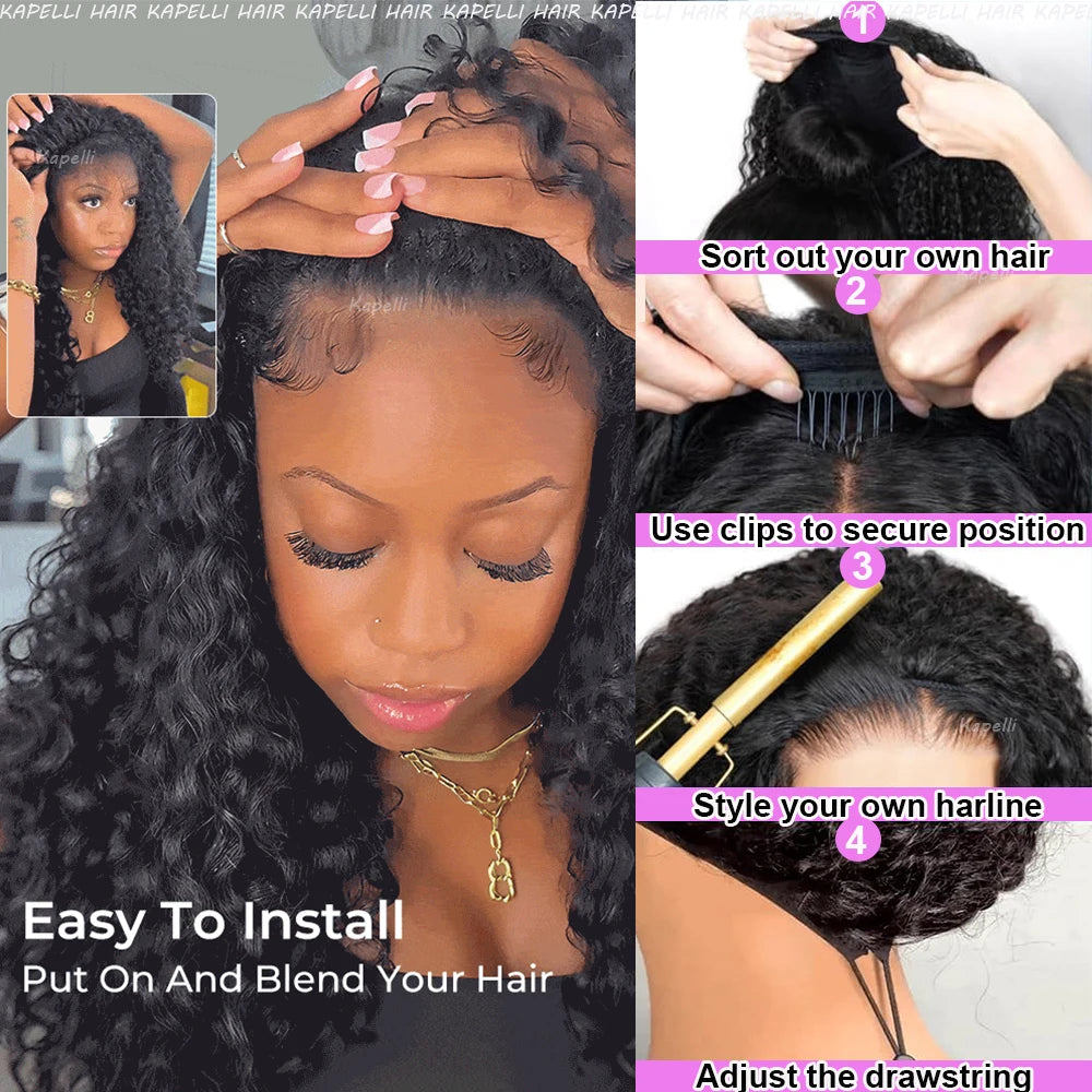 Demi-perruque cheveux humains crépus bouclés sans colle perruque cheveux humains prêt à porter 3 en 1 demi perruque avec cordon 250 densité bouclée demi-perruque