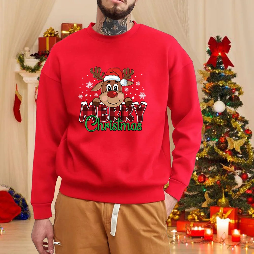 Men's Christmas crew neck sweater, casual, long sleeves, cute, merry Christmas, red, autumn and winter