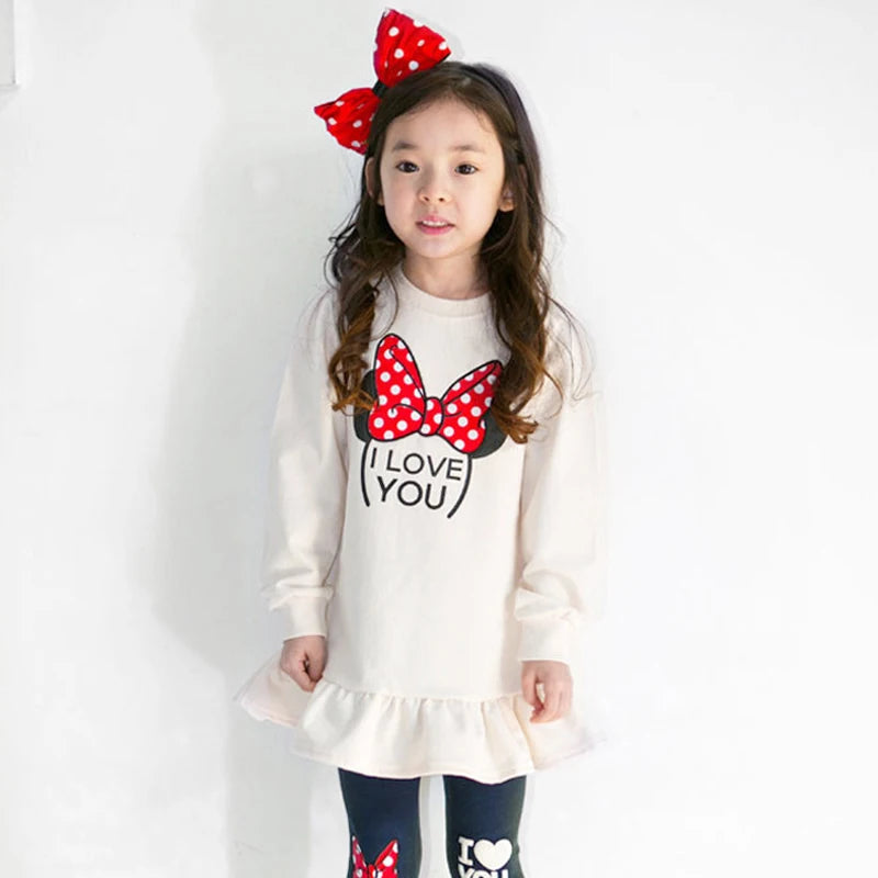 Ensemble de vêtements pour enfants printemps-automne, chemise + Leggings en coton à manches longues avec nœud papillon de dessin animé, costume 2 pièces pour filles de 3 à 8 ans, tenue décontractée