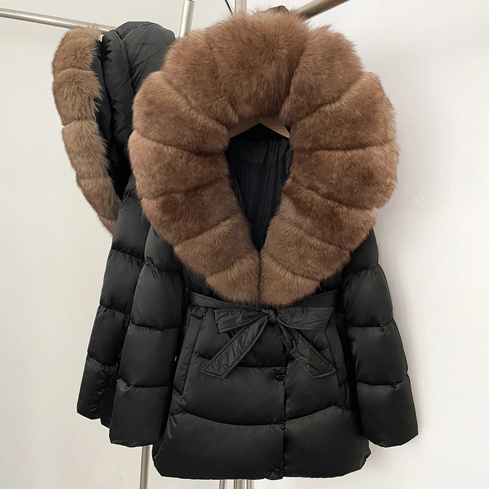 Down Jacket Women Large Fox Fur Hooded Thick Natural Silver Fur Warm Female Parkas Waterproof 2025 Winter 90% Duck Down Coat