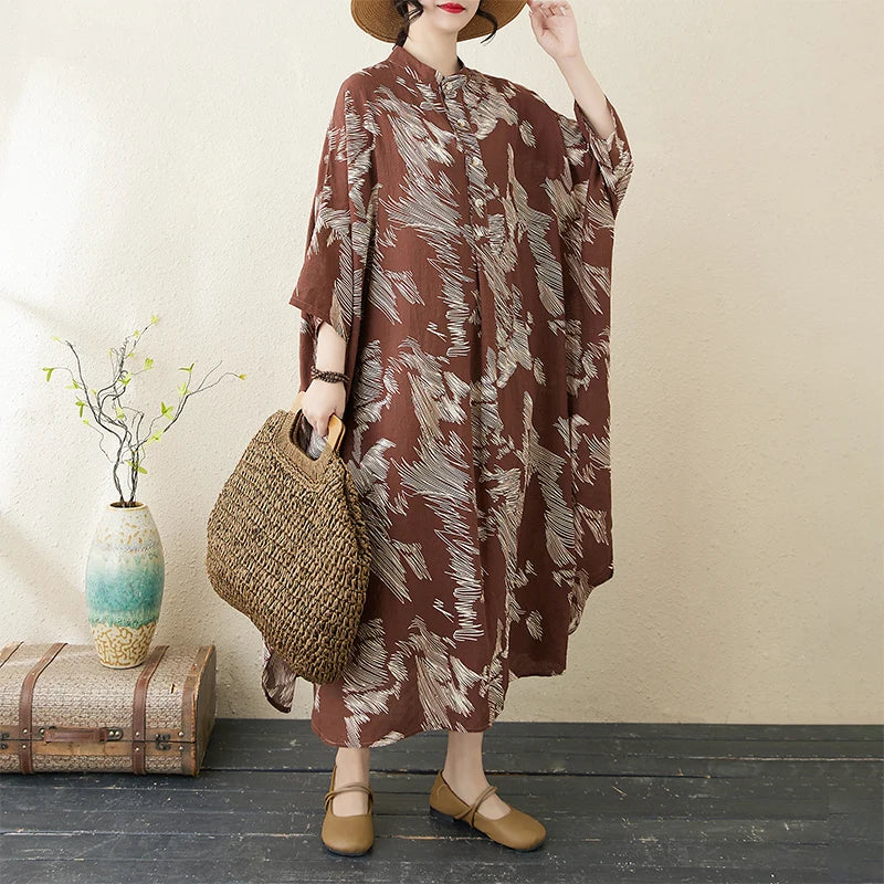 Summer commute. Cotton linen print loose long dress with high neck A-line skirt. Seven long dresses available in plus sizes.
