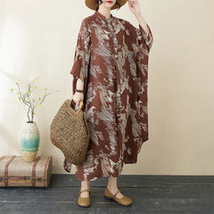 Summer commute. Cotton linen print loose long dress with high neck A-line skirt. Seven long dresses available in plus sizes.