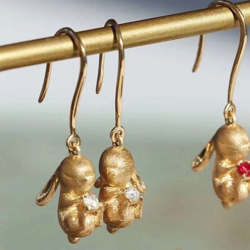 Ensemble de bijoux lapin mignon, boucles d'oreilles artisanales en or ancien mat pour femmes, bague, collier, cadeaux pour petite amie, nouveauté