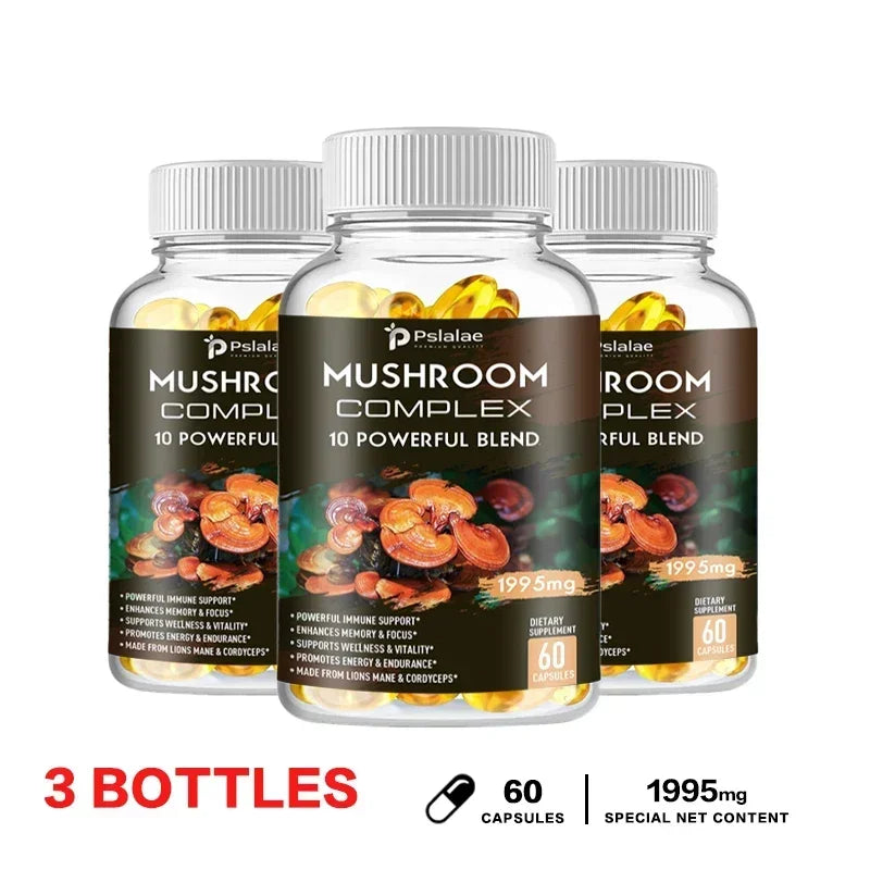 Capsules complexes de champignons - Cordyceps Reishi, immunité, stress, énergie, clarté mentale et soutien de la concentration - Supplément cérébral