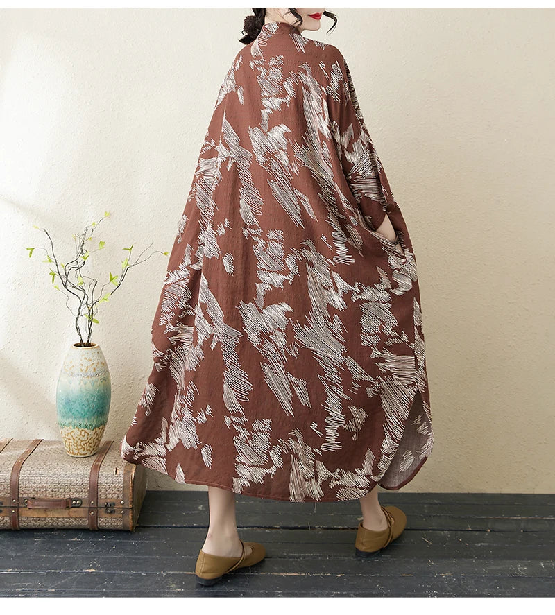 Summer commute. Cotton linen print loose long dress with high neck A-line skirt. Seven long dresses available in plus sizes.