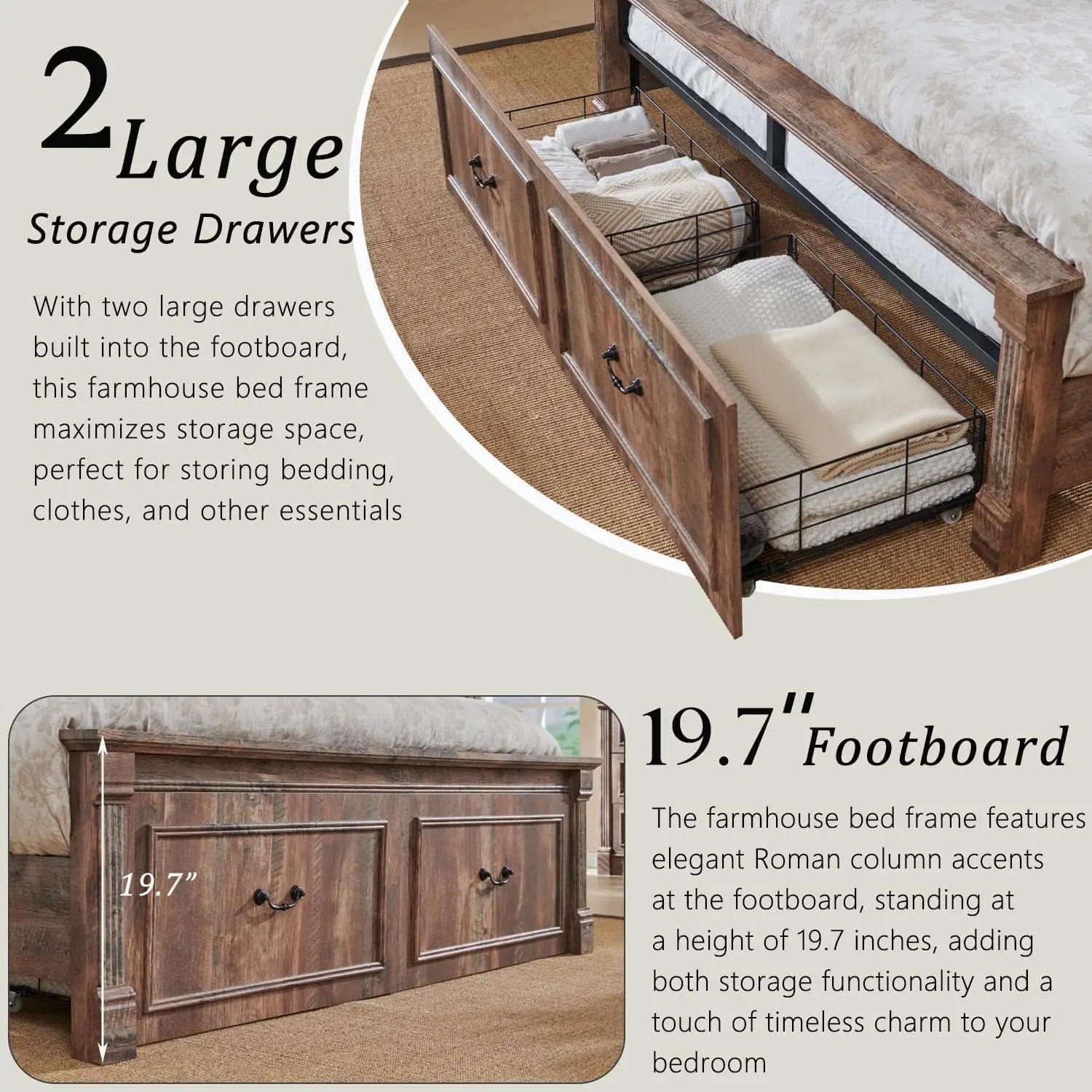 Cadre de lit queen size Farmhouse, avec tête de lit de 51 po de hauteur, cadre de lit en bois avec pied de lit de 20 po de hauteur et 2 grands tiroirs de rangement