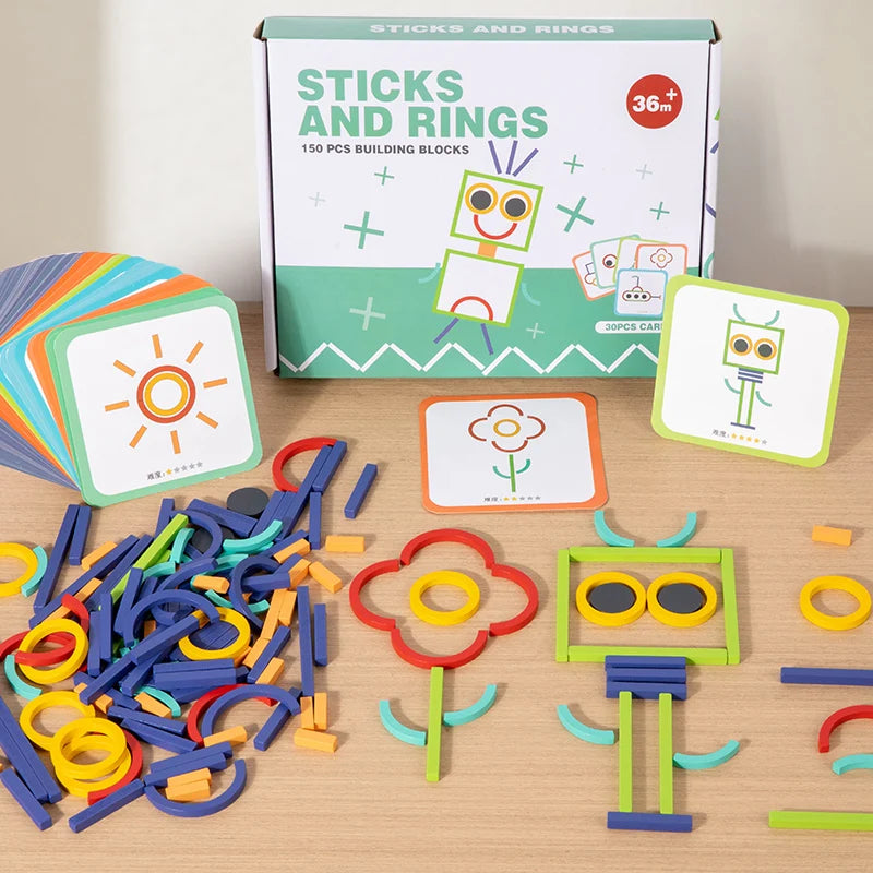 Bâtons et anneaux créatifs en bois, Puzzle, jeu d'intelligence, jouets éducatifs Montessori pour enfants de 3 ans