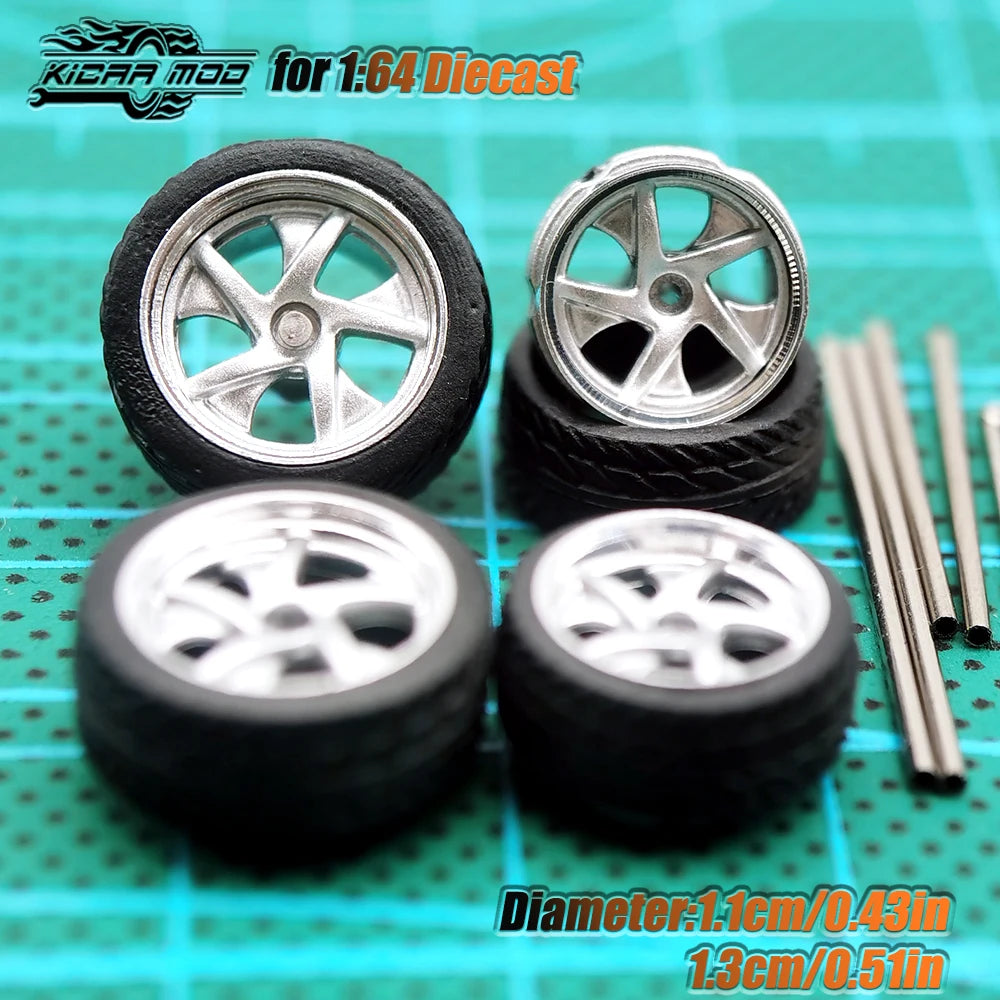 KicarHapp1/64-Jantes Métalliques ABS avec Caoutchouc pour Voiture Miniature, Pièces de Réaménagement Avant, Petite et Arrière