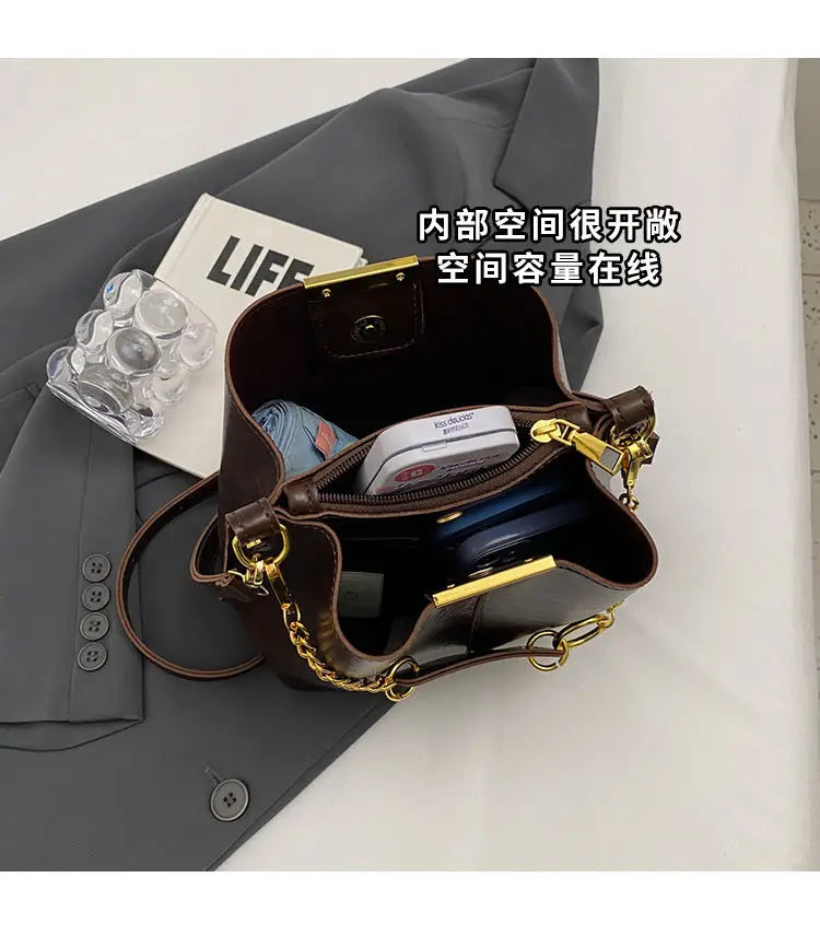 Women's PU leather chain bucket bag, Korean style handbag, shoulder bag, 2025 