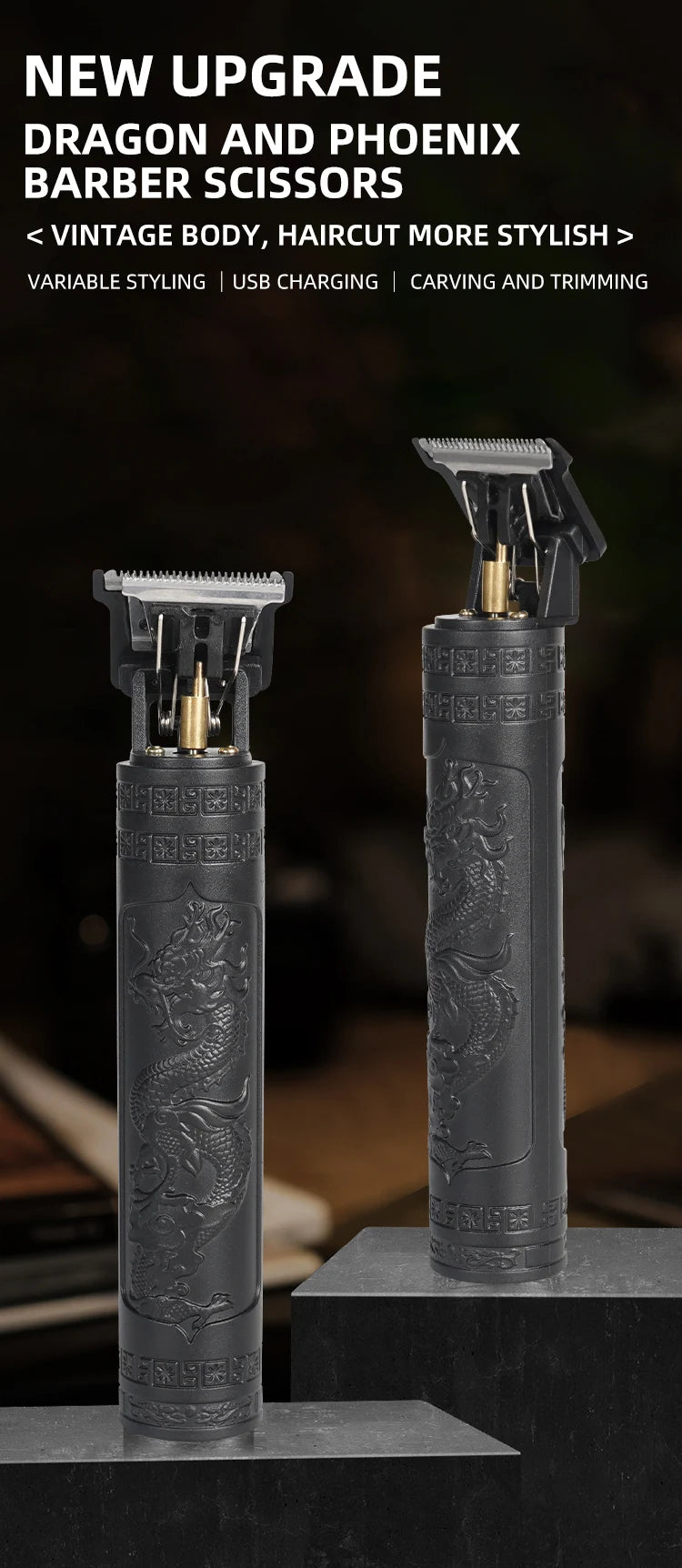 Rasoir de coupe de cheveux pour hommes tondeuse Rechargeable rasoir adulte électrique Vintage tondeuserazor maison USB charge salon de coiffure Dragon noir