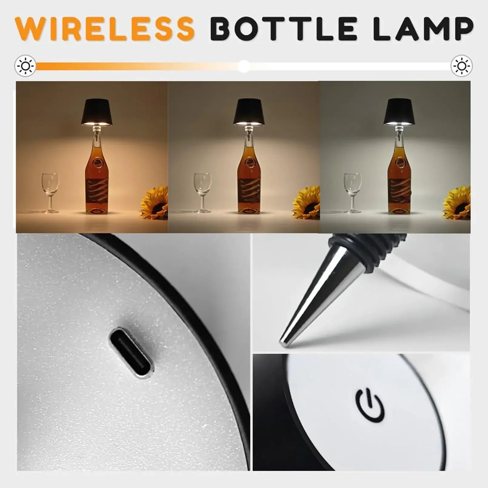 Wireless bottle-shaped table lamp, touch control, 3 colours, stepless dimming, night light suitable for bars.