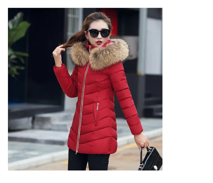 Veste d'hiver mi-longue en coton pour femme, manteau d'hiver rempli de grand col en fourrure, fibre de Polyester de Style britannique Non amovible