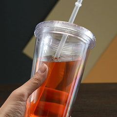 Tasse à boire transparente en plastique Double couche réutilisable de 450ml, bouteille d'eau avec couvercle, tasse en paille, boisson extérieure, thé, lait, outils